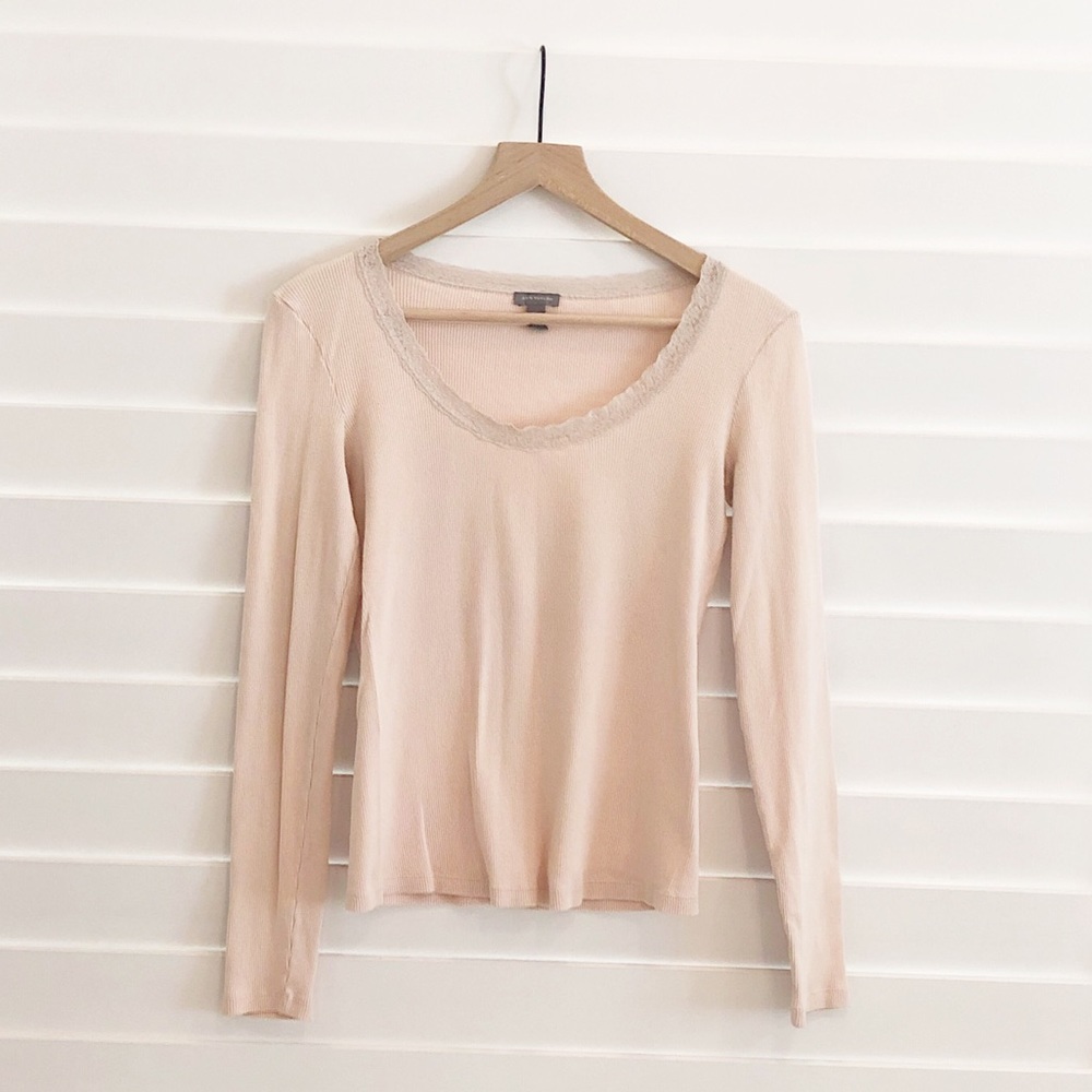 AnnTaylor-100%Cotton Ribbed Long Sleeve-T Blush M